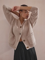 Neutral Wool Blend Yak Soft Touch Front Pocket Knitted Cardigan - Image 1 of 9