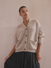Neutral Wool Blend Yak Soft Touch Front Pocket Knitted Cardigan - Image 2 of 9