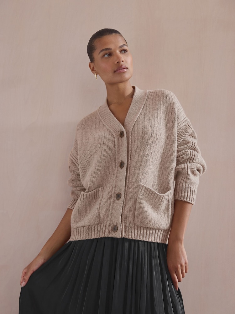 Neutral Wool Blend Yak Soft Touch Front Pocket Knitted Cardigan - Image 2 of 9