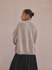 Neutral Wool Blend Yak Soft Touch Front Pocket Knitted Cardigan - Image 4 of 9