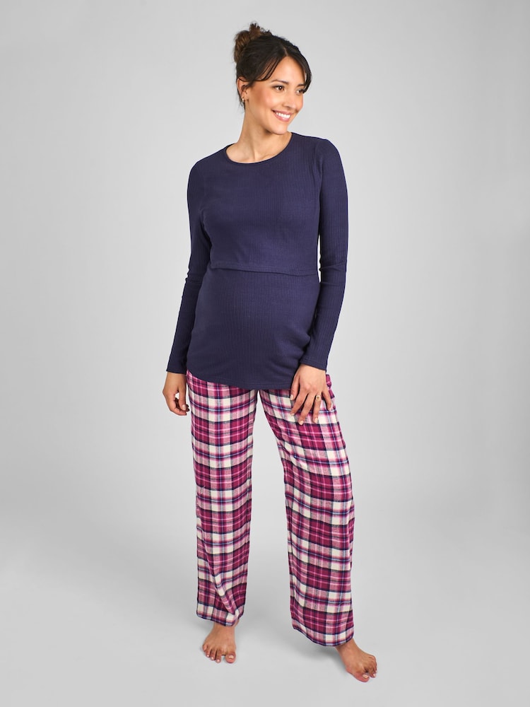 JoJo Maman Bébé Navy Blue Check Maternity And Nursing Pyjamas Set - Image 1 of 5