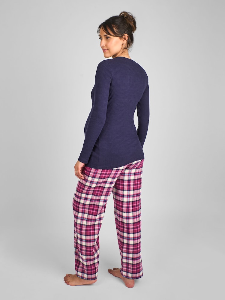 JoJo Maman Bébé Navy Blue Check Maternity And Nursing Pyjamas Set - Image 2 of 5