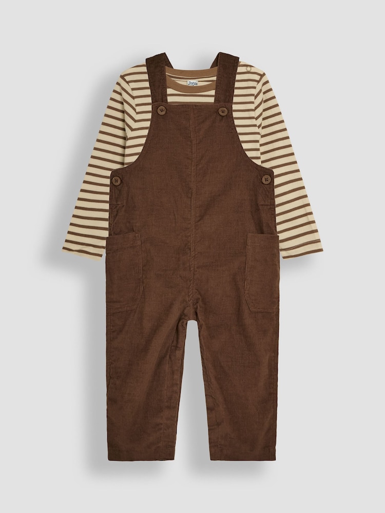 JoJo Maman Bébé Brown 2-Piece Classic Cord Dungarees & Stripe Top Set - Image 1 of 6