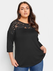Yours Curve Black Floral Mesh Detail Top - Image 1 of 5