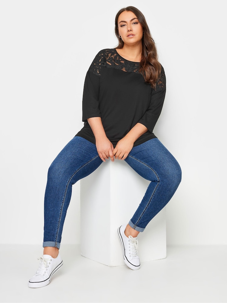 Yours Curve Black Floral Mesh Detail Top - Image 2 of 5