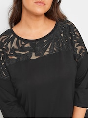 Yours Curve Black Floral Mesh Detail Top - Image 4 of 5