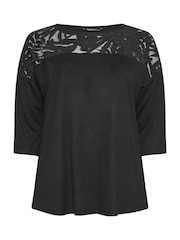 Yours Curve Black Floral Mesh Detail Top - Image 5 of 5