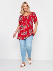 Yours Curve Red Floral Print Top - Image 2 of 5