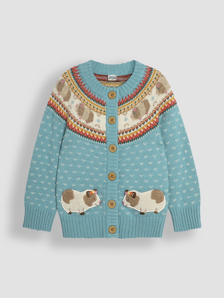 JoJo Maman Bébé Duck Egg Blue Guinea Pig Knit Fair Isle Cardigan - Image 1 of 3