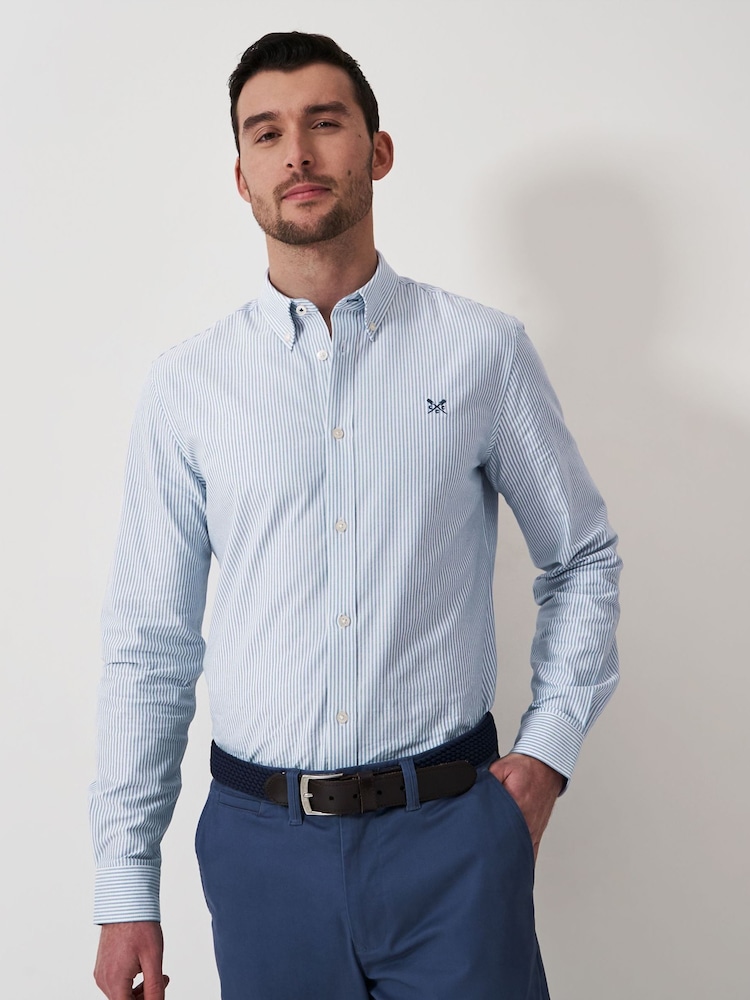 Crew Clothing Blue Slim Fit Stripe 100% Cotton Oxford Shirt - Image 1 of 5