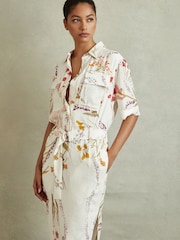 Reiss Ivory/Orange Faya Floral Print Belted Midi Dress - Image 1 of 5