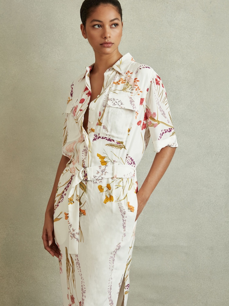 Reiss Ivory/Orange Faya Floral Print Belted Midi Dress - Image 1 of 5