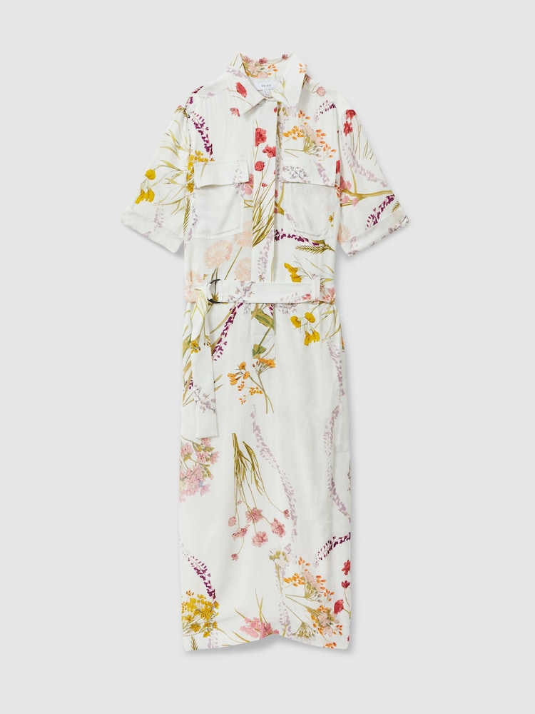 Reiss Ivory/Orange Faya Floral Print Belted Midi Dress - Image 2 of 5