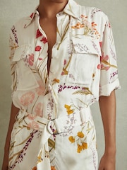 Reiss Ivory/Orange Faya Floral Print Belted Midi Dress - Image 3 of 5
