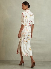 Reiss Ivory/Orange Faya Floral Print Belted Midi Dress - Image 4 of 5