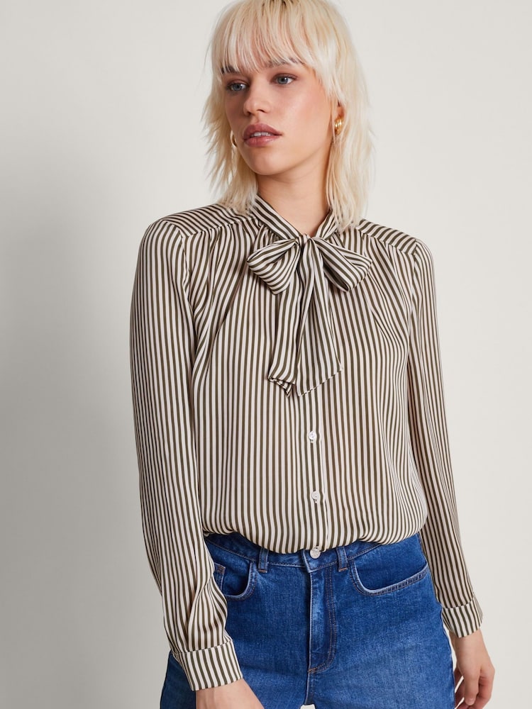 Monsoon Brown/White Stripe Sasha Satin Blouse - Image 1 of 4