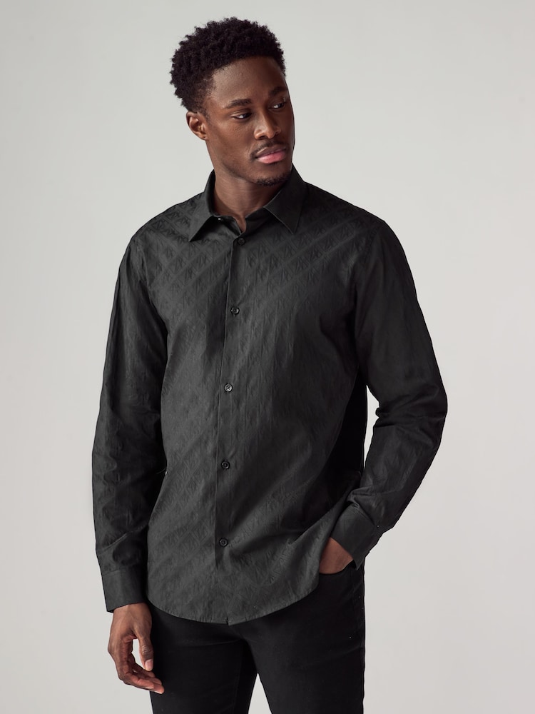 Armani Exchange Mono Logo Jacquard Black 100% Cotton Shirt - Image 1 of 9