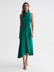Reiss Green Giana High Neck Draped Midi Dress - Image 3 of 5