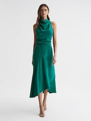 Reiss Green Giana High Neck Draped Midi Dress - Image 1 of 4