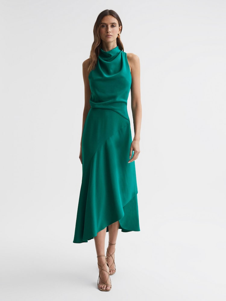 Reiss Green Giana High Neck Draped Midi Dress - Image 1 of 4