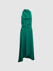 Reiss Green Giana High Neck Draped Midi Dress - Image 2 of 4