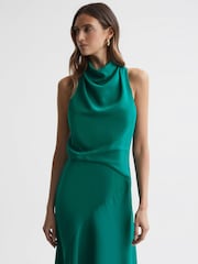 Reiss Green Giana High Neck Draped Midi Dress - Image 3 of 4