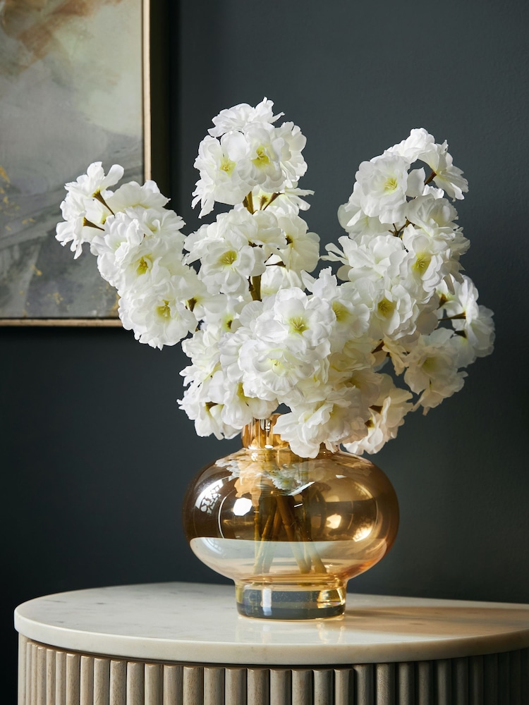 White Artificial Blossom in Gold Vase - Image 1 of 6