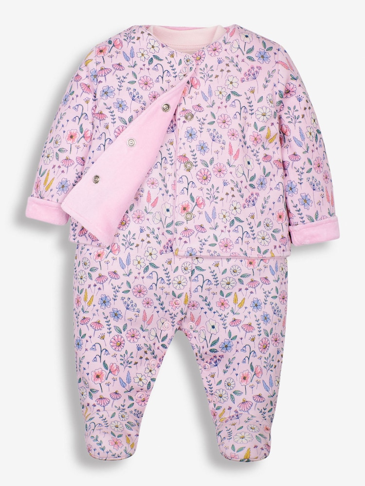 JoJo Maman Bébé Pink Floral 2-Piece Baby Sleepsuit & Velour Jacket Set - Image 3 of 8