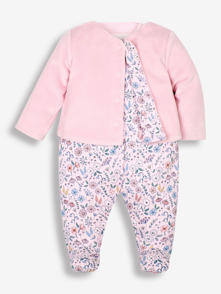 JoJo Maman Bébé Pink Floral 2-Piece Baby Sleepsuit & Velour Jacket Set - Image 4 of 8
