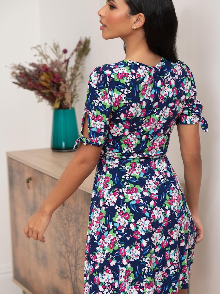 Pour Moi Navy Blue Multi Floral Bella Fuller Bust Slinky Stretch Tie Sleeve Mini Dress - Image 2 of 5