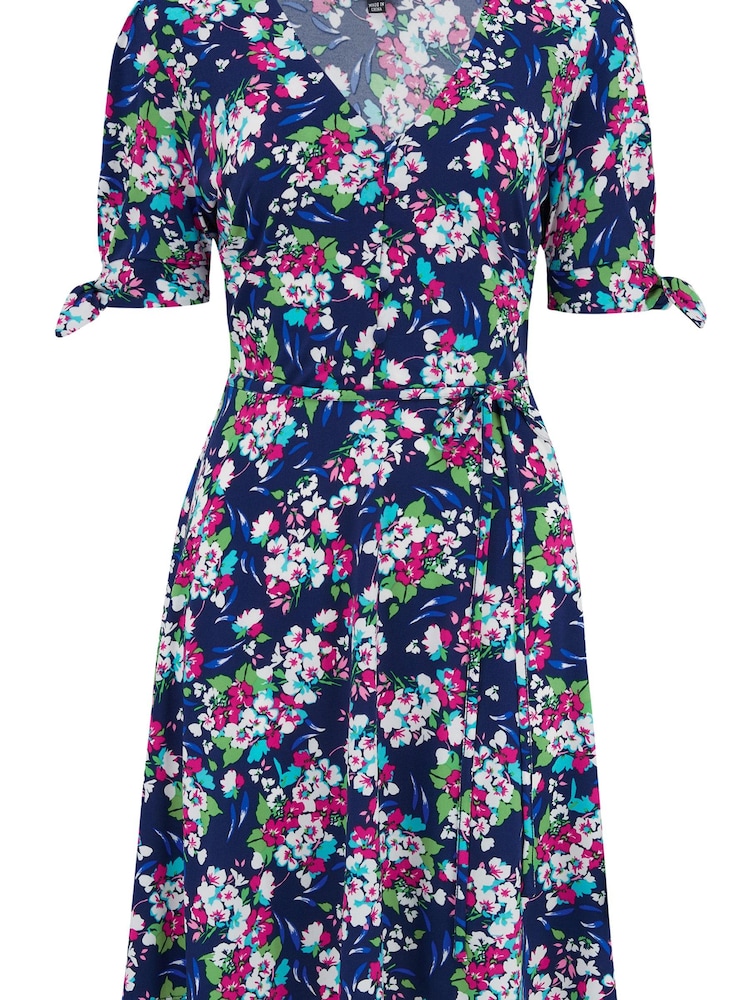 Pour Moi Navy Blue Multi Floral Bella Fuller Bust Slinky Stretch Tie Sleeve Mini Dress - Image 4 of 5