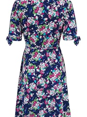Pour Moi Navy Blue Multi Floral Bella Fuller Bust Slinky Stretch Tie Sleeve Mini Dress - Image 5 of 5