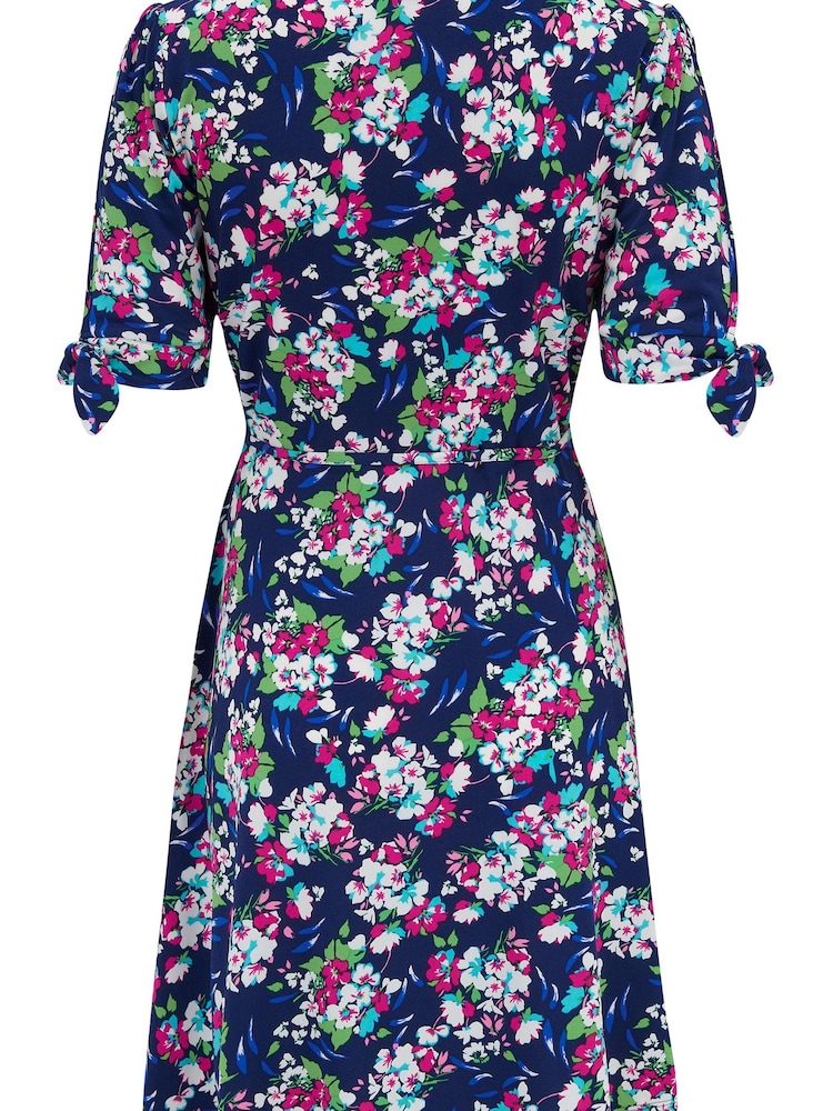 Pour Moi Navy Blue Multi Floral Bella Fuller Bust Slinky Stretch Tie Sleeve Mini Dress - Image 5 of 5