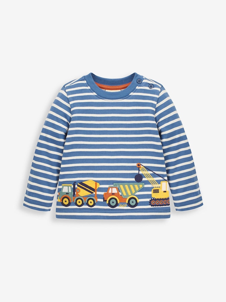JoJo Maman Bébé Blue Stripe Vehicles Appliqué Border Top - Image 1 of 2