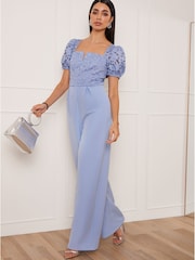 Chi Chi London Blue Puff Sleeve Floral Jumpsuit - Image 1 of 4