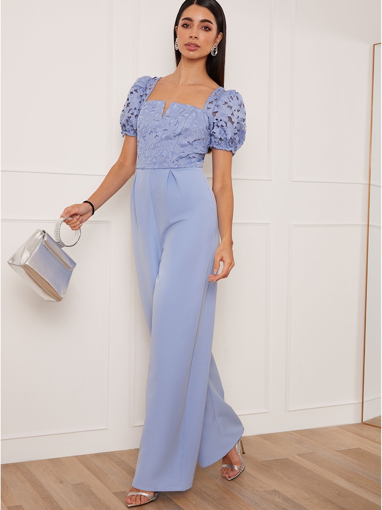 Chi Chi London Blue Puff Sleeve Floral Jumpsuit - Image 1 of 4