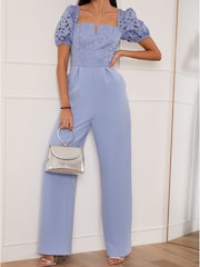 Chi Chi London Blue Puff Sleeve Floral Jumpsuit - Image 3 of 4