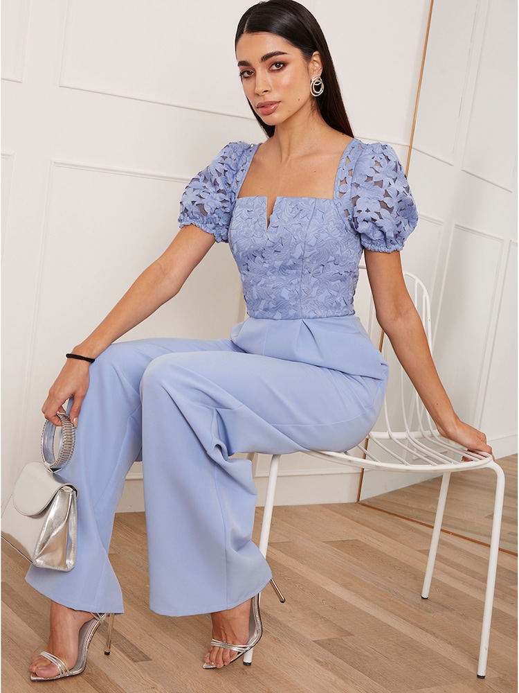Chi Chi London Blue Puff Sleeve Floral Jumpsuit - Image 4 of 4