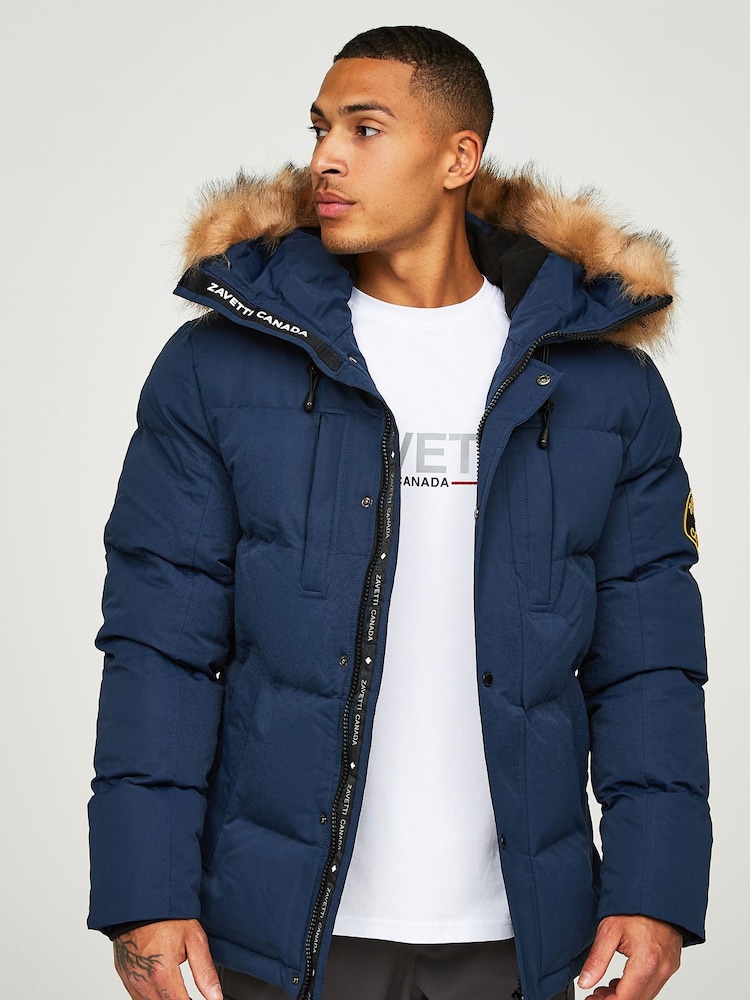 Marineblauw - Zavetti Canada Mens Oshawa 2.0 Puffer Parka Jacket with Detachable Faux Fur - Image 4 of 8