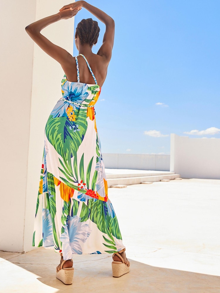 White Floral One Shoulder Plaited Midi Summer Dress - Image 2 of 7 White Floral One Shoulder Plaited Midi Summer Dress - Image 2 of 7