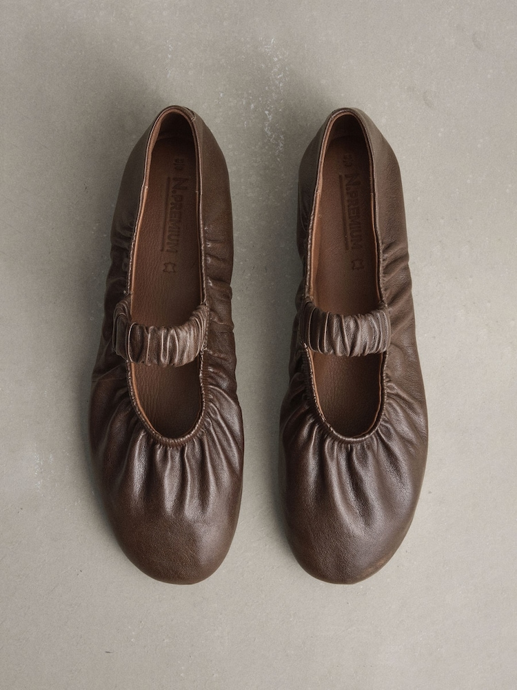 Brown N. Premium Leather Ruched Mary Janes Shoes - Image 1 of 5