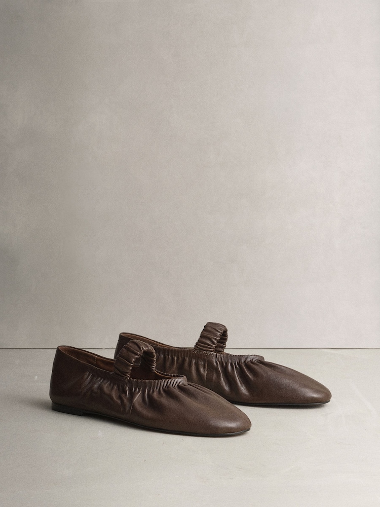 Brown N. Premium Leather Ruched Mary Janes Shoes - Image 2 of 5