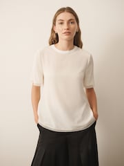 CERENE Lilian Ivory Silk Mesh Trim T-Shirt - Image 1 of 11