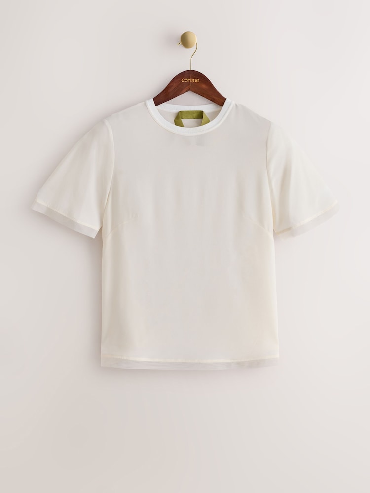 CERENE Lilian Ivory Silk Mesh Trim T-Shirt - Image 2 of 11 CERENE Lilian Ivory Silk Mesh Trim T-Shirt - Image 2 of 11