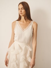 CERENE Rose Ivory Silk Mesh Trim V-Neck Camisole - Image 1 of 8
