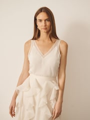 CERENE Rose Ivory Silk Mesh Trim V-Neck Camisole - Image 2 of 8