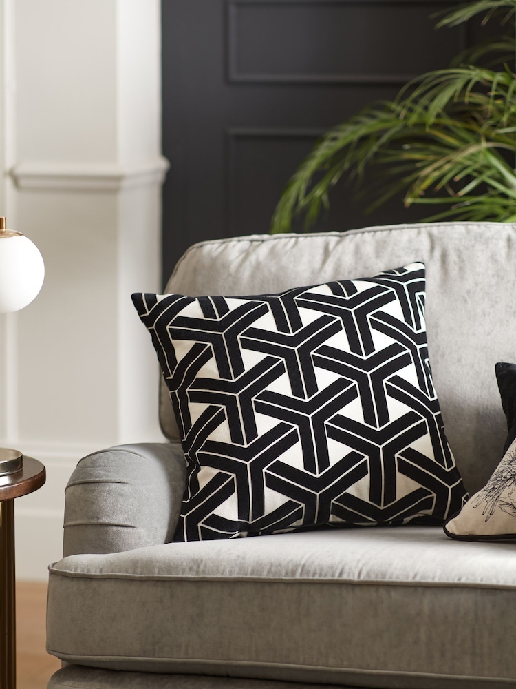 Black/White 50 x 50cm Geometric Flock Cushion - Image 1 of 6