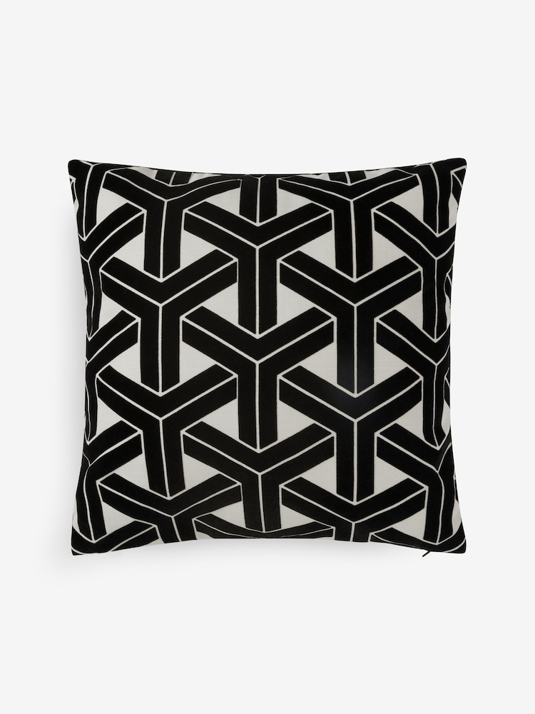 Black/White 50 x 50cm Geometric Flock Cushion - Image 6 of 6