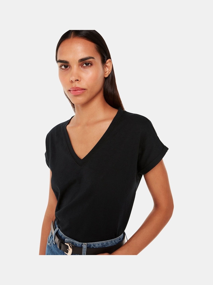 أسود - Whistles V-Neck Willa Cap Sleeve 100% Cotton T-Shirt - صورة 1 من 5