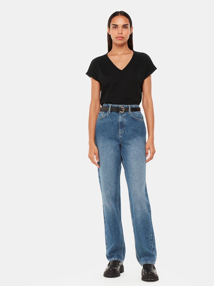 Whistles Black V-Neck Willa Cap Sleeve 100% Cotton T-Shirt - Image 3 of 5